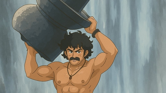 Baahubali lifts the Shivaling on his shoulder in SS Rajamouli’s Baahubali.(OpenAI)
