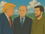 Donald Trump, Vladimir Putin and Zelensky reimagined in a Ghibli-style photo(ChatGPT) Donald Trump, Vladimir Putin and Zelensky reimagined in a Ghibli-style photo(ChatGPT)