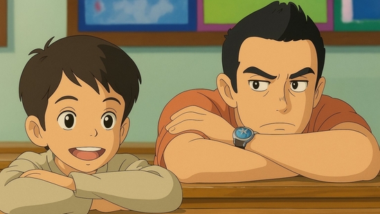 Ishaan (Darsheel Safary) and his teacher Ram Shankar Nikumbh (Aamir Khan) sit behind each other in this Ghibli-styled makeover from Taare Zameen Par (2007).