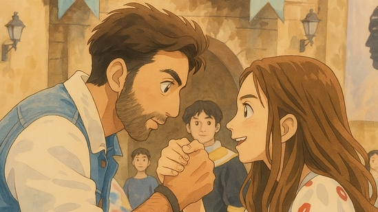 Ved (Ranbir Kapoor) and Tara (Deepika Padukone) get a Ghibli makeover in a scene from Tamasha (2015).