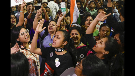 Members of Joint Platforms of Doctors and Abhaya Mancha shout slogans during the protest rally from College Street demanding justice for the RG Kar victim on her birthday in Kolkataon February 9 (HT FILE PHOTO) Members of Joint Platforms of Doctors and Abhaya Mancha shout slogans during the protest rally from College Street demanding justice for the RG Kar victim on her birthday in Kolkataon February 9 (HT FILE PHOTO)