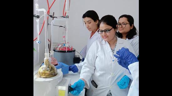 Students not only use oils, but also extract aromas from natural substances. (HT Photo) Students not only use oils, but also extract aromas from natural substances. (HT Photo)