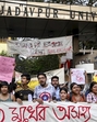 Students protest outside the Jadavpur University campus in Kolkata. (PTI Photo) Students protest outside the Jadavpur University campus in Kolkata. (PTI Photo)