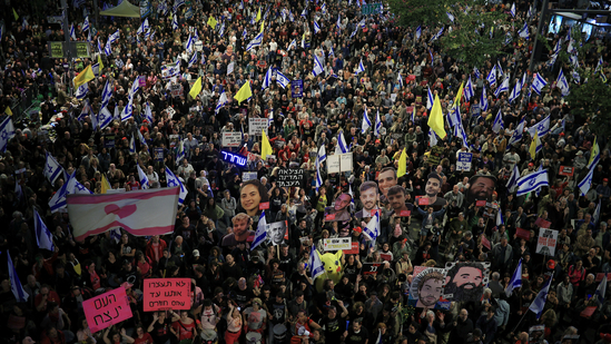 Supporters of Israeli hostages kidnapped during the October 7, 2023 attack on Israel by Hamas, take part in a protest against Israeli government and its head Prime Minister Benjamin Netanyahu and to demand the release of all hostages, in Tel Aviv, Israel.