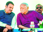Nagpur: Maharashtra Chief Minister Devendra Fadnavis, left, and RSS chief Mohan Bhagwat during a book release event on ‘Vedic Mathematics’ organised by Bharti Krishna Vidya Vihar, in Nagpur, Maharashtra, Monday, March 31, 2025. (PTI Photo) (PTI03_31_2025_000214A) (PTI) Nagpur: Maharashtra Chief Minister Devendra Fadnavis, left, and RSS chief Mohan Bhagwat during a book release event on ‘Vedic Mathematics’ organised by Bharti Krishna Vidya Vihar, in Nagpur, Maharashtra, Monday, March 31, 2025. (PTI Photo) (PTI03_31_2025_000214A) (PTI)