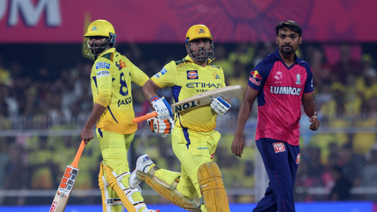 Chennai Super Kings' MS Dhoni and Ravindra Jadeja in action as they run between the wickets(REUTERS)