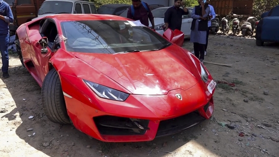 The Lamborghini car that hit two labourers, causing them serious injuries, near Noida Sector 94, Monday, March 31, 2025. (PTI) The Lamborghini car that hit two labourers, causing them serious injuries, near Noida Sector 94, Monday, March 31, 2025. (PTI)