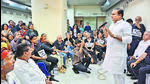 Mumbai, India - April 5, 2025: MLA Rahul Naevekar addressing residents of Colaba, gathered to oppose proposed construction of a passenger/VVIP jetty between the Radio Club, near Gateway Of India in Mumbai, India, on Saturday, April 5, 2025. (Photo by Anshuman Poyrekar/ Hindustan Times) (Hindustan Times) Mumbai, India - April 5, 2025: MLA Rahul Naevekar addressing residents of Colaba, gathered to oppose proposed construction of a passenger/VVIP jetty between the Radio Club, near Gateway Of India in Mumbai, India, on Saturday, April 5, 2025. (Photo by Anshuman Poyrekar/ Hindustan Times) (Hindustan Times)