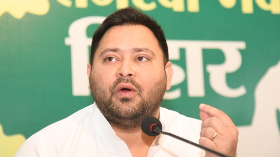 Tejashwi Yadav addressing a press conference at RJD office in Patna. (Photo by Santosh Kumar/ Hindustan Times) 