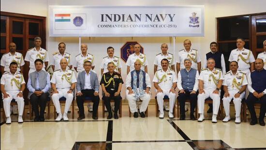 Defence Minister Rajnath Singh with Chief of Defence Staff General Anil Chauhan and Chief of Naval Staff Admiral Dinesh Kumar Tripathi and others during the first phase of the Naval Commanders’ Conference 2025 at Karwar, Karnataka. (PTI) Defence Minister Rajnath Singh with Chief of Defence Staff General Anil Chauhan and Chief of Naval Staff Admiral Dinesh Kumar Tripathi and others during the first phase of the Naval Commanders’ Conference 2025 at Karwar, Karnataka. (PTI)