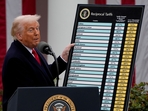 US President Donald Trump shows the reciprocal tariffs chart to media persons at the White House on April 2.(Bloomberg) US President Donald Trump shows the reciprocal tariffs chart to media persons at the White House on April 2.(Bloomberg)