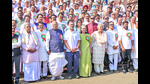 Congress leaders Rahul Gandhi, Sonia Gandhi and Mallikarjun Kharge with other members of the party at the extended CWC meeting in Ahmedabad on Tuesday. (PTI) Congress leaders Rahul Gandhi, Sonia Gandhi and Mallikarjun Kharge with other members of the party at the extended CWC meeting in Ahmedabad on Tuesday. (PTI)