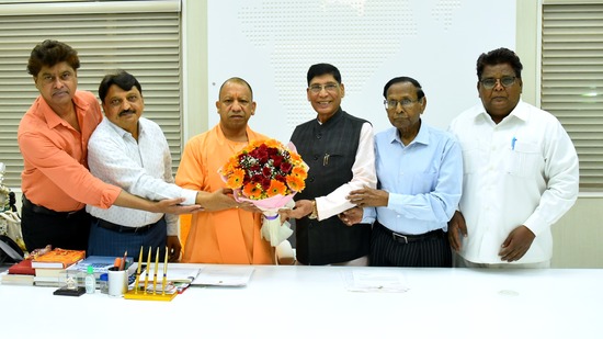 MLA from Agra GS Dharmesh and organising committee member of Bhim Nagari organising central committee meeting CM Aditya Nath at Lucknow on Monday. (HT) MLA from Agra GS Dharmesh and organising committee member of Bhim Nagari organising central committee meeting CM Aditya Nath at Lucknow on Monday. (HT)