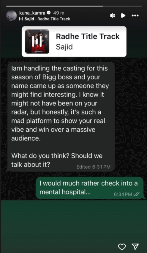 Kunal's Insta story. Kunal's Insta story.
