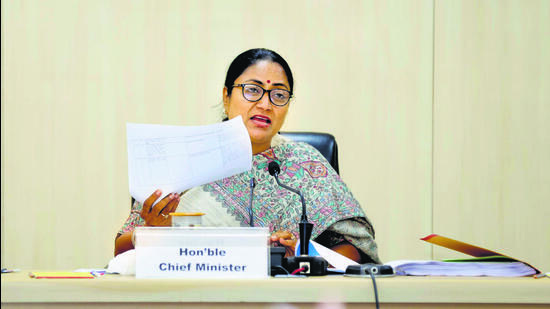 CM Rekha Gupta at a high-level review meeting at the Delhi Secretariat on Friday. (HT PHOTO) CM Rekha Gupta at a high-level review meeting at the Delhi Secretariat on Friday. (HT PHOTO)