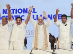 Union home minister Amit Shah with AIADMK general secretary Edappadi K Palaniswami, Tamil Nadu BJP president K Annamalai and others during a press conference, in Chennai, on Friday. (PTI) Union home minister Amit Shah with AIADMK general secretary Edappadi K Palaniswami, Tamil Nadu BJP president K Annamalai and others during a press conference, in Chennai, on Friday. (PTI)