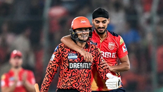 Sunrisers Hyderabad's Abhishek Sharma (L) is congratulated by Punjab Kings' Arshdeep Singh(AFP) Sunrisers Hyderabad's Abhishek Sharma (L) is congratulated by Punjab Kings' Arshdeep Singh(AFP)