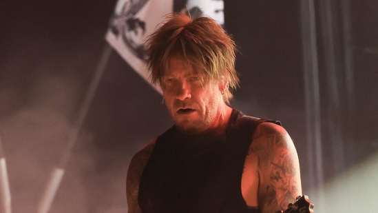 Rob Holliday, member of British band "The Prodigy", performs during the 2025 Coachella Valley Music and Arts Festival at Empire Polo Club on April 11, 2025 in Indio, California. (Photo by VALERIE MACON / AFP) / RESTRICTED TO EDITORIAL USE(AFP)