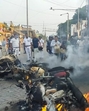 Police vehicles set on fire allegedly by members of Indian Secular Front (ISF) during a protest march to Kolkata over Waqf (Amendment) Act, at Bhangar in South 24 Parganas district, West Bengal, on Monday. (PTI) Police vehicles set on fire allegedly by members of Indian Secular Front (ISF) during a protest march to Kolkata over Waqf (Amendment) Act, at Bhangar in South 24 Parganas district, West Bengal, on Monday. (PTI)