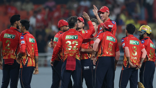 Punjab Kings players celebrate a wicket during a match.(REUTERS)