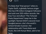 Priyanka Chaturvedi joined in on the joke, responding to the comment with laughing emojis.(Instagram/@Taylorswift) Priyanka Chaturvedi joined in on the joke, responding to the comment with laughing emojis.(Instagram/@Taylorswift)