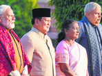 President Droupadi Murmu, Vice President Jagdeep Dhankhar, Prime Minister Narendra Modi and President of Indonesia Prabowo Subianto (PTI) President Droupadi Murmu, Vice President Jagdeep Dhankhar, Prime Minister Narendra Modi and President of Indonesia Prabowo Subianto (PTI)