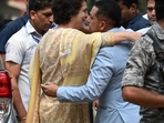 Robert Vadra and Priyanka Gandhi shared a hug just before the former went for ED questioning on Wednesday.
(Vipin Kumar/HT photo) Robert Vadra and Priyanka Gandhi shared a hug just before the former went for ED questioning on Wednesday.
(Vipin Kumar/HT photo)