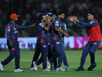 Avesh Khan grabbed three crucial wickets as Lucknow Super Giants defeated Rajasthan Royals by two runs in a thrilling IPL clash on Saturday.(REUTERS)