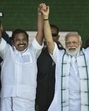 Chennai: Prime Minister Naredra Modi, Tamil Nadu Chief Minister K Palaniswami, Dy CM O Panneerselvam and PMK founder Ramadoss join hands during a public rally of the BJP-AIADMK-PMK alliance, in Chennai, Wednesday, March 6, 2019. (AP) Chennai: Prime Minister Naredra Modi, Tamil Nadu Chief Minister K Palaniswami, Dy CM O Panneerselvam and PMK founder Ramadoss join hands during a public rally of the BJP-AIADMK-PMK alliance, in Chennai, Wednesday, March 6, 2019. (AP)