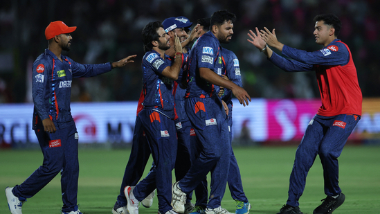 Avesh Khan grabbed three crucial wickets as Lucknow Super Giants defeated Rajasthan Royals by two runs in a thrilling IPL clash on Saturday.(REUTERS)