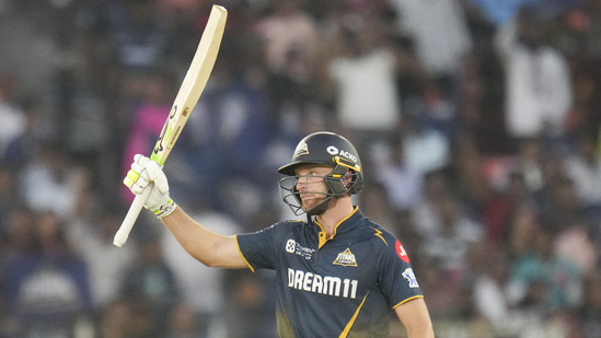 Jos Buttler reached his third half-century in this season of the IPL. He scored 11 boundaries and four sixes enroute to 97*, but fell narrowly short of a record-tying 8th career IPL century.(PTI)