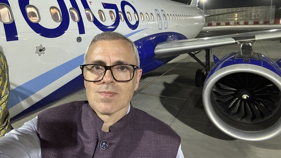 Jammu and Kashmir chief minister shared a selfie standing on the IndiGo aircraft's steps after deplaning briefly for “fresh air” at Jaipur airport.(X/@OmarAbdullah)