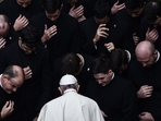 Pope Francis prays with priests at the end of a limited public audience at the San Damaso courtyard in The Vatican on September 30, 2020 during the COVID-19 infection, caused by the novel coronavirus. (AFP) Pope Francis prays with priests at the end of a limited public audience at the San Damaso courtyard in The Vatican on September 30, 2020 during the COVID-19 infection, caused by the novel coronavirus. (AFP)