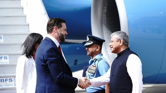 US Vice President JD Vance was welcomed by Union Minister Ashwini Vaishnaw as he landed at Palam Airport in Delhi.(HT Photo)
