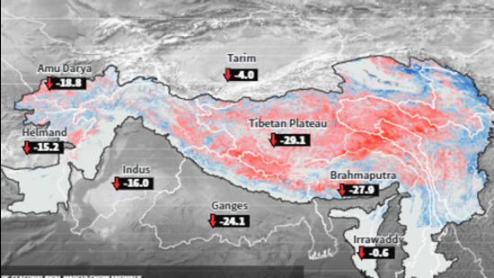 Snow cover persistence anomaly during November 2024-March 2025 in the Ganga basin. Snow cover persistence anomaly during November 2024-March 2025 in the Ganga basin.