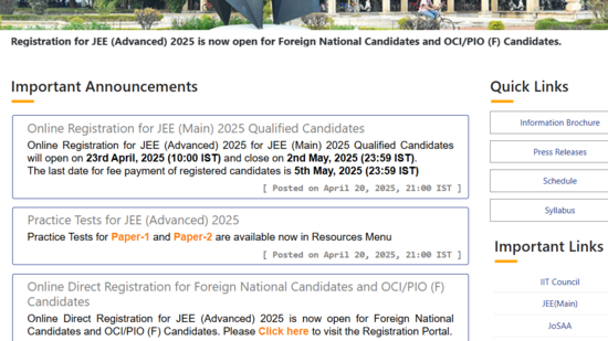 JEE Advanced 2025 registration from April 23 at jeeadv.ac.in(Official website, screenshot) JEE Advanced 2025 registration from April 23 at jeeadv.ac.in(Official website, screenshot)