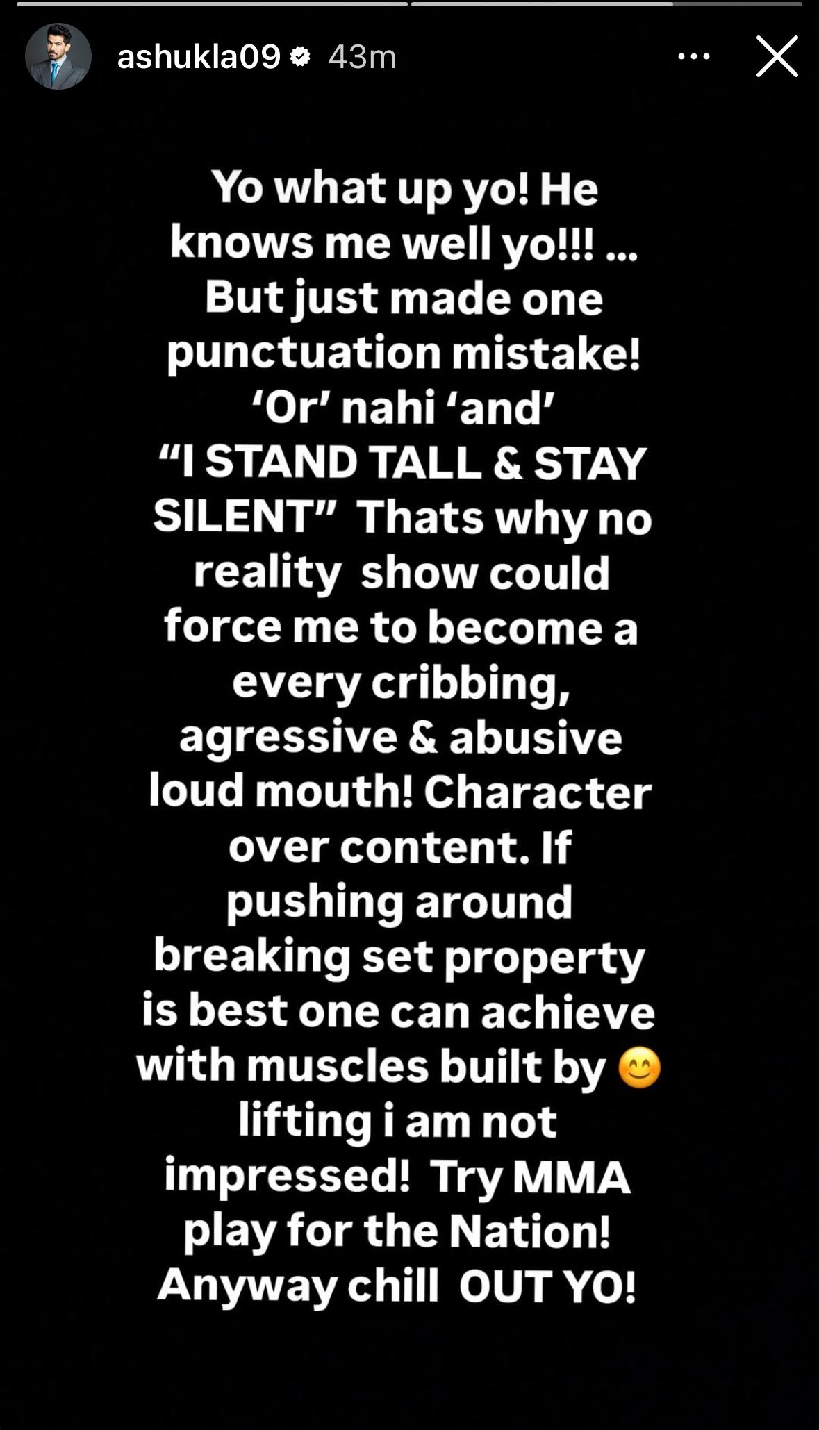 A screengrab of Abhinav Shukla's Instagram stories. A screengrab of Abhinav Shukla's Instagram stories.