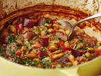 Tavče gravče, a Macedonian classic, features butter beans, smoked sausages, and sautéed vegetables for a rich, flavourful dish.(AP) Tavče gravče, a Macedonian classic, features butter beans, smoked sausages, and sautéed vegetables for a rich, flavourful dish.(AP)