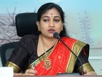 Andhra Pradesh home minister Vangalapudi Anitha slammed the YSRCP regime after the arrest of former intelligence chief PSR Anajaneyulu(Vangalapudi Anitha/Facebook) Andhra Pradesh home minister Vangalapudi Anitha slammed the YSRCP regime after the arrest of former intelligence chief PSR Anajaneyulu(Vangalapudi Anitha/Facebook)