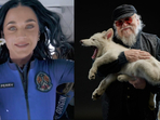 (L-R) Katy Perry on the Blue Origin flight; George RR Martin holding a direwolf (L-R) Katy Perry on the Blue Origin flight; George RR Martin holding a direwolf