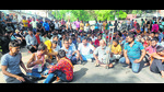 Colony residents protesting against the imminent demolition drive on Tuesday. (HT Photo) Colony residents protesting against the imminent demolition drive on Tuesday. (HT Photo)