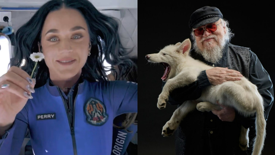 (L-R) Katy Perry on the Blue Origin flight; George RR Martin holding a direwolf (L-R) Katy Perry on the Blue Origin flight; George RR Martin holding a direwolf