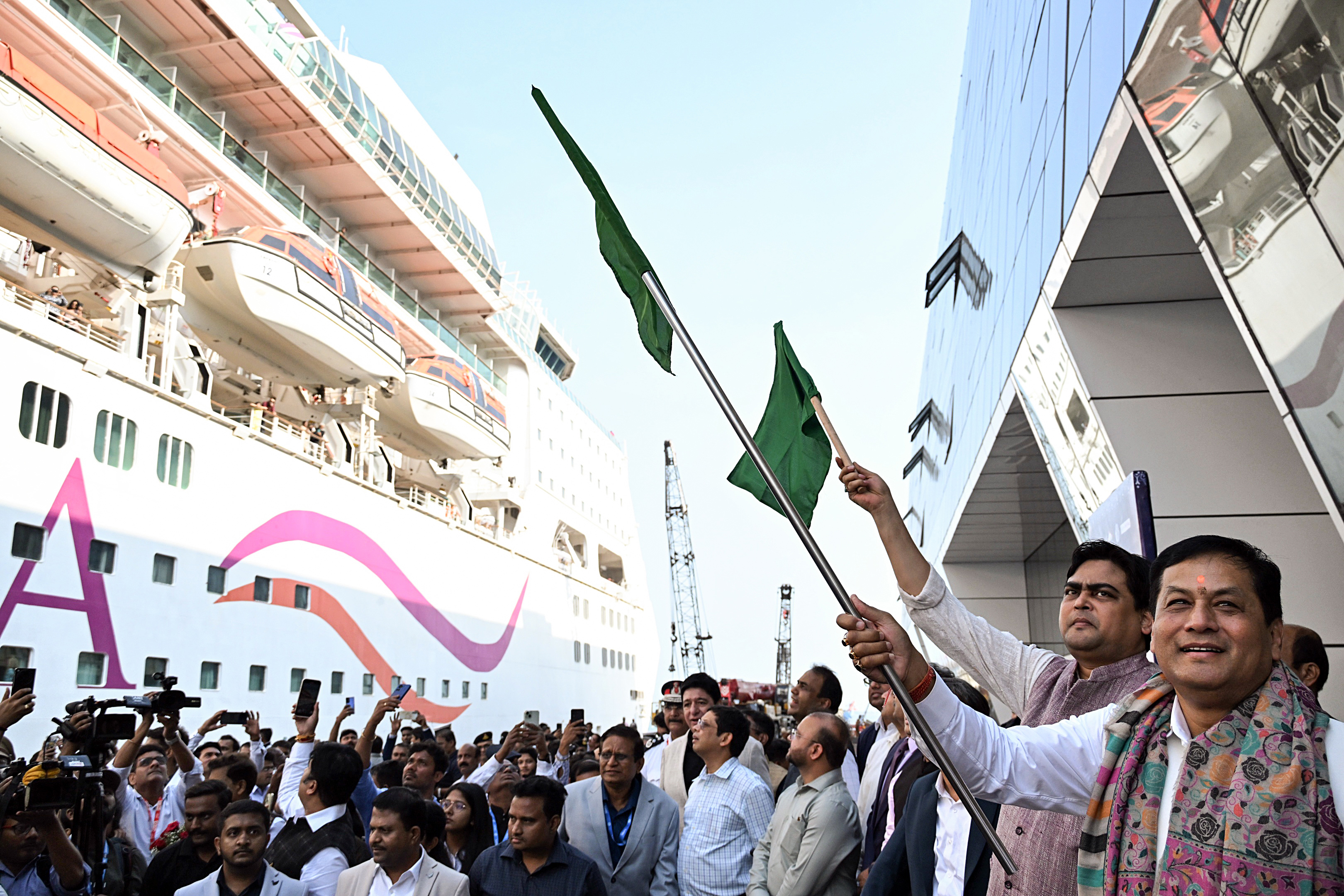 Mumbai, Apr 21 (ANI): Union Minister of Ports, Shipping & Waterways Sarbananda Sonowal flags off cruise operations from the New Mumbai International Cruise Terminal (MICT), in Mumbai on Monday. (ANI Photo) (Deepak Salvi) Mumbai, Apr 21 (ANI): Union Minister of Ports, Shipping & Waterways Sarbananda Sonowal flags off cruise operations from the New Mumbai International Cruise Terminal (MICT), in Mumbai on Monday. (ANI Photo) (Deepak Salvi)
