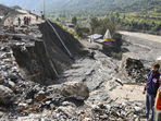 A damaged portion of Jammu-Srinagar National Highway after landslides and flash flood following heavy rainfall, in Ramban district, Jammu and Kashmir.(PTI Photo) A damaged portion of Jammu-Srinagar National Highway after landslides and flash flood following heavy rainfall, in Ramban district, Jammu and Kashmir.(PTI Photo)