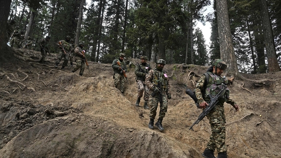 Soldiers during a search operation around Baisaran meadow in the aftermath of the terror attack in Pahalgam.(AFP) Soldiers during a search operation around Baisaran meadow in the aftermath of the terror attack in Pahalgam.(AFP)