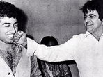 Dilip Kumar playfully interacts with Sunny Deol. Dilip Kumar playfully interacts with Sunny Deol.