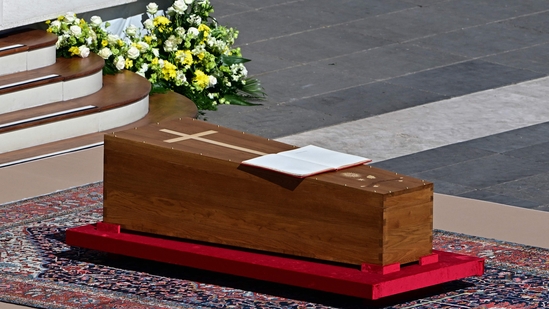 The book of the gospels lays on the coffin of late Pope Francis during the funeral ceremony at St Peter's Square in the Vatican on April 26, 2025.(AFP)