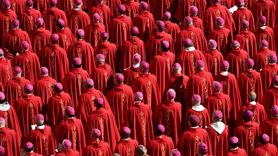 Cardinals syand during late Pope Francis' funeral ceremony at St Peter's Square at the Vatican on April 26, 2025.(AFP)