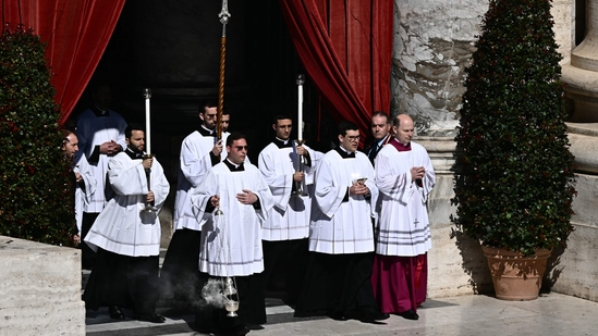 Members of the clergy attend the Pope Francis' funeral ceremony at St Peter's Square in the Vatican on April 26, 2025.(AFP)