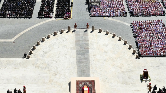 A photograph taken from St Peter Basilica shows a general view of late Pope Francis' coffin during the funeral ceremony in St Peter's Square, at the Vatican, on April 26, 2025.(AFP)